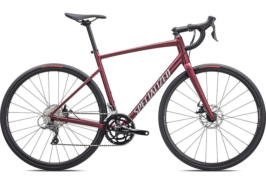 2024 Specialized allez e5 disc bike satin maroon / silver dust / flo red 44