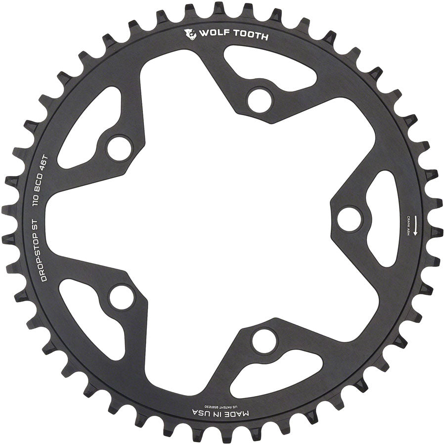 Wolf Tooth 110 BCD Gravel CX Road Chainring - 44t 110 BCD 5-Bolt Drop-Stop ST For Shimano HG+ KMC 12-Speed Chains BLK