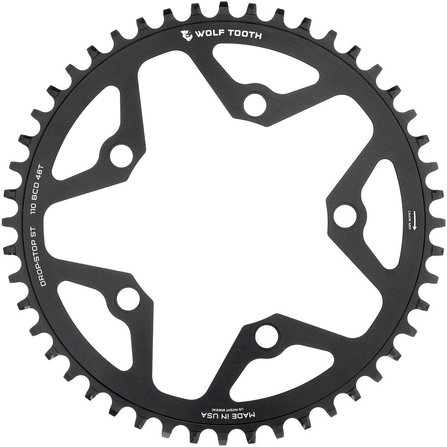 Wolf Tooth 110 BCD Gravel CX Road Chainring - 46t 110 BCD 5-Bolt Drop-Stop ST For Shimano HG+ KMC 12-Speed Chains BLK