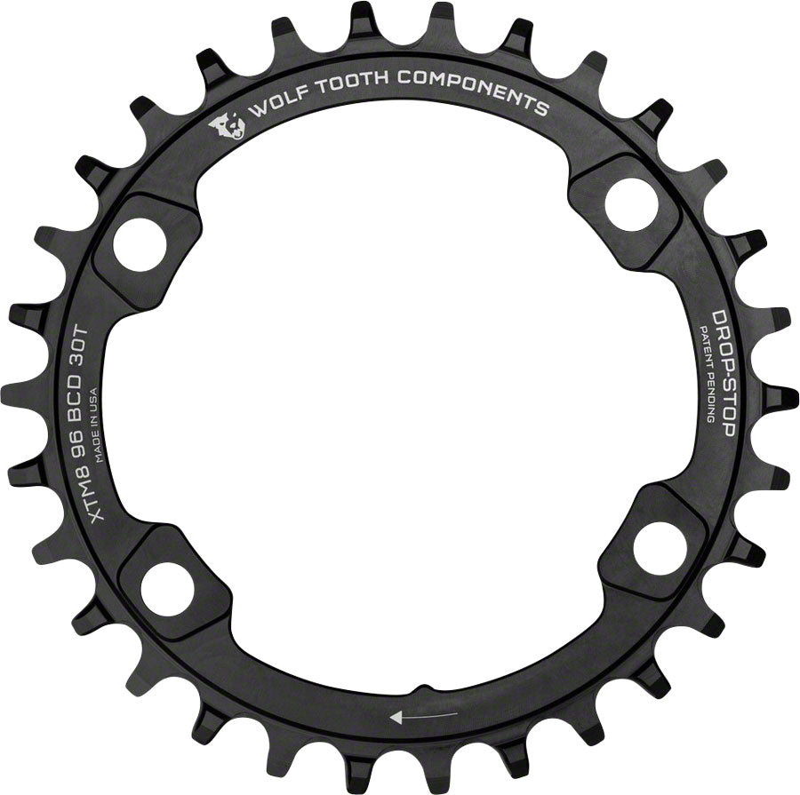 Wolf Tooth 96 BCD Chainring - 38t 96 Asymmetric BCD 4-Bolt Drop-Stop For Shimano XT M8000 SLX M7000 Cranks BLK