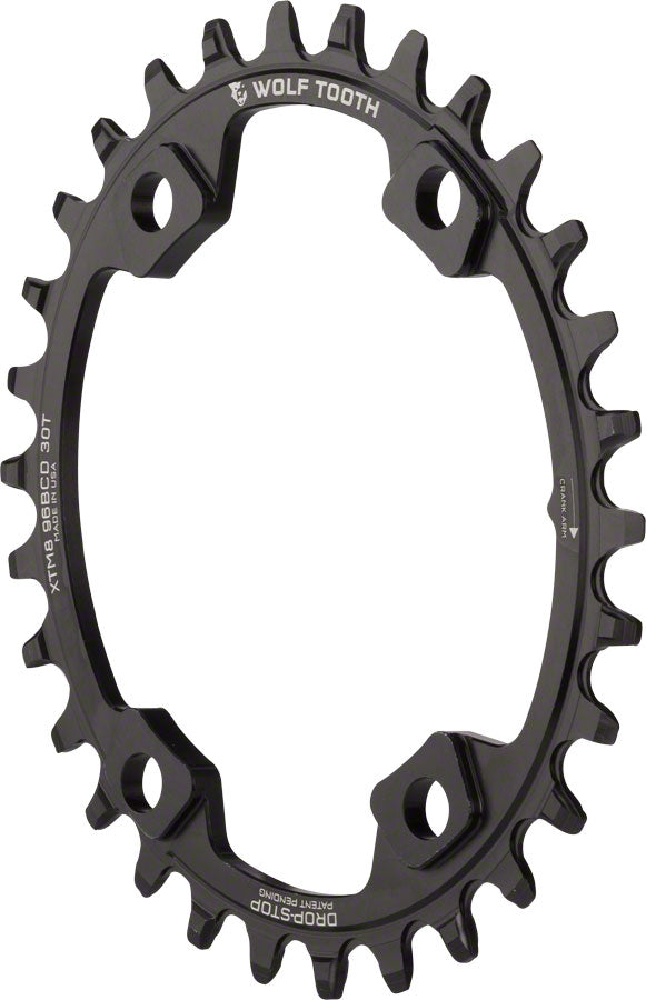 Wolf Tooth Elliptical 96 BCD Chainring - 30t 96 Asymmetric BCD 4-Bolt Drop-Stop For Shimano XT M8000 SLX M7000 Cranks BLK