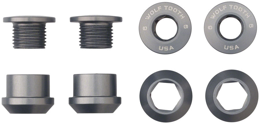 Wolf Tooth 1x Chainring Bolt Set - 6mm Dual Hex Fittings Set/4 Gun Metal