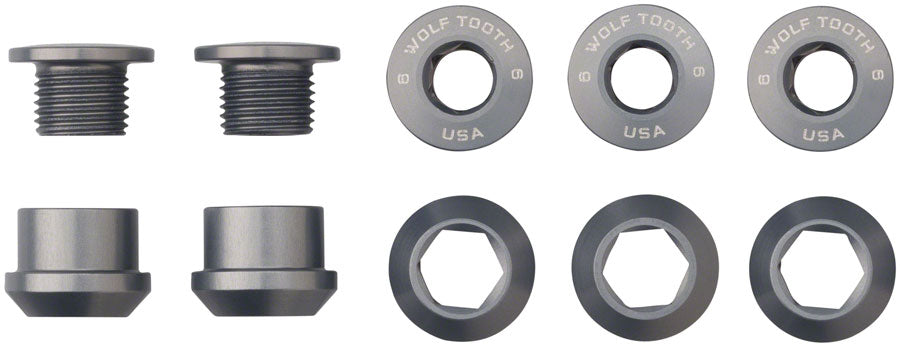 Wolf Tooth 1x Chainring Bolt Set - 6mm Dual Hex Fittings Set/5 Gun Metal